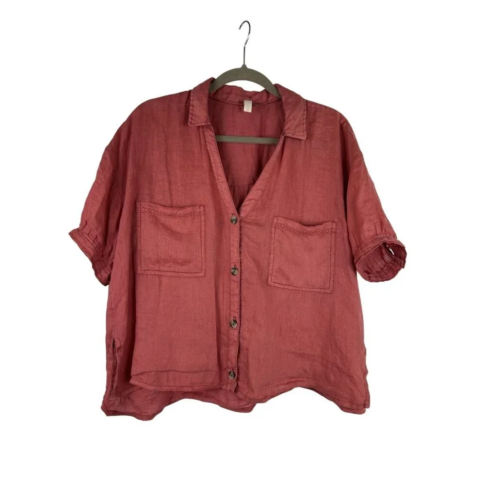 PILCRO Anthropologie Size M 100% Linen Surf Button Down Short Sleeve Shirt Pink - Picture 9 of 13